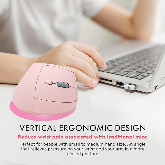 J-Tech Digital Wireless Mouse Vertical Ergonomic Mouse with 2.4G Wireless &amp Bluetooth for 3 Multi-Device Function Adjustable DPI Modes Compatible with PC Mac Laptop - Pink