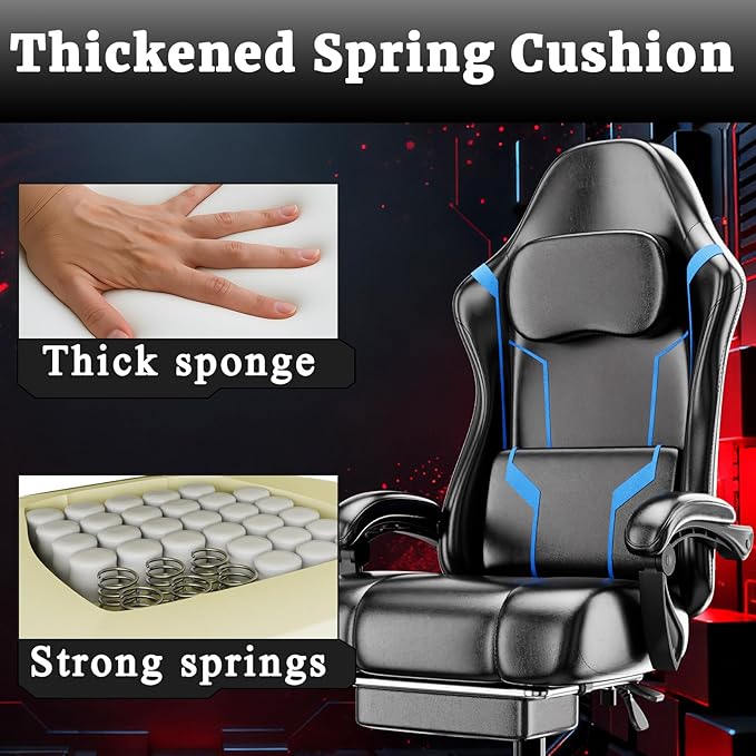 Gaming Chair with Pocket Spring Cushion and Footrest Ergonomic Computer Chair for Adults Breathable PU Leather Game Chair Adjustable Headrest and Lumbar Support Office Desk Chair