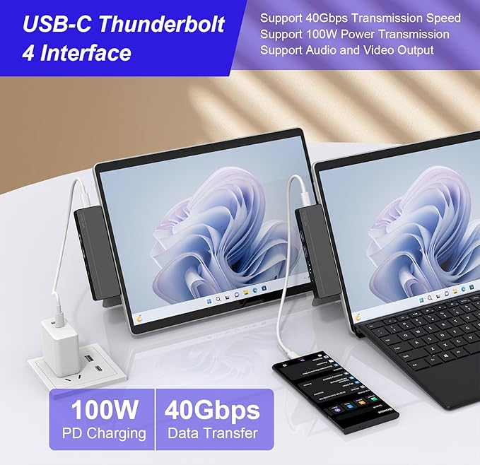 Surface Pro 8/9/X/10/11 Docking Station - Surface Pro 11 USB C Adapter Multiport Hub with 4K HDMI Thunderbolt 4 USB 3.0 SD/TF Reader 3.5mm Audio Surface Pro Copilot Accessories