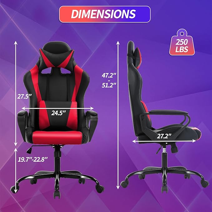 Gaming Chair High-Back Office Chair Ergonomic Video Game Chairs Height Adjustable Reclining Computer Chair with Lumbar Support Armrest Headrest Swivel Chair Game Chair for Adult Teen - Red