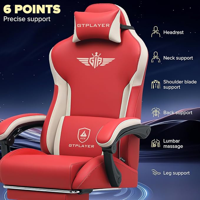 GTPLAYER Gaming Chair Computer Office Chair Lumbar Support Linkage Armrests and Footrest Ergonomic Game Chair for Adults with Extended Backrest Faux Leather Red
