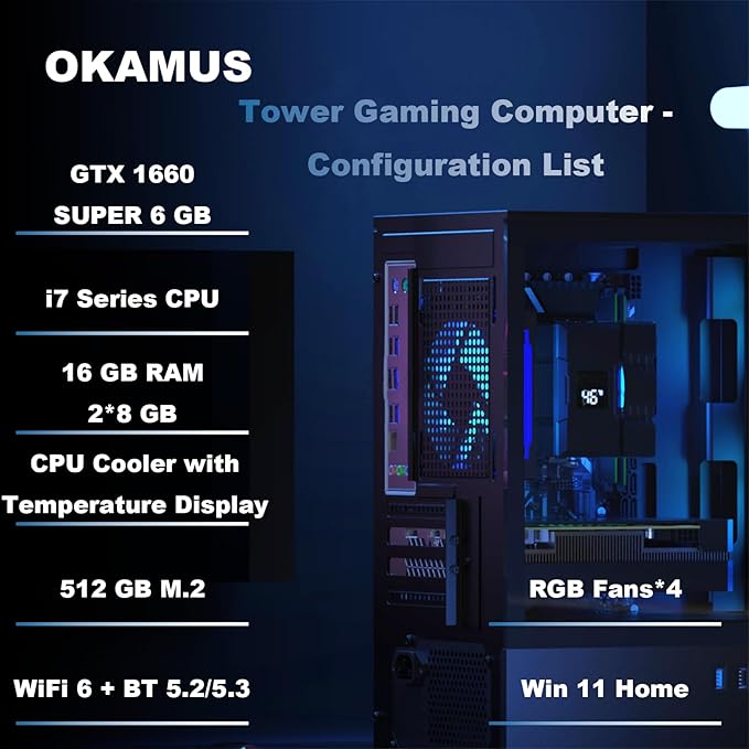 Gaming PC i7 CPU GTX 1660 Super 6GB Graphics 512 GB M.2 16 GB RAM Pre-Built Computer RGB Fans x 4 Win 11 HomeWiFi 6 + BT 5.3 550W PSU (GTX 1660S+512GB+16GB)