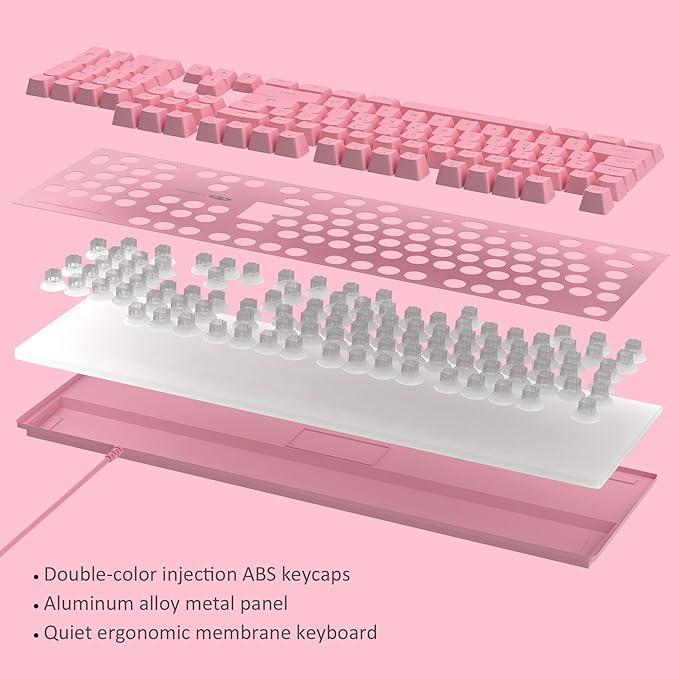 MageGee GT838 Gaming Keyboard and Mouse Combo 104 Keys RGB Backlit Quiet Wired Keyboards for Laptop PC MAC with Number Pad Metal Panel Anti-Ghosting Pink