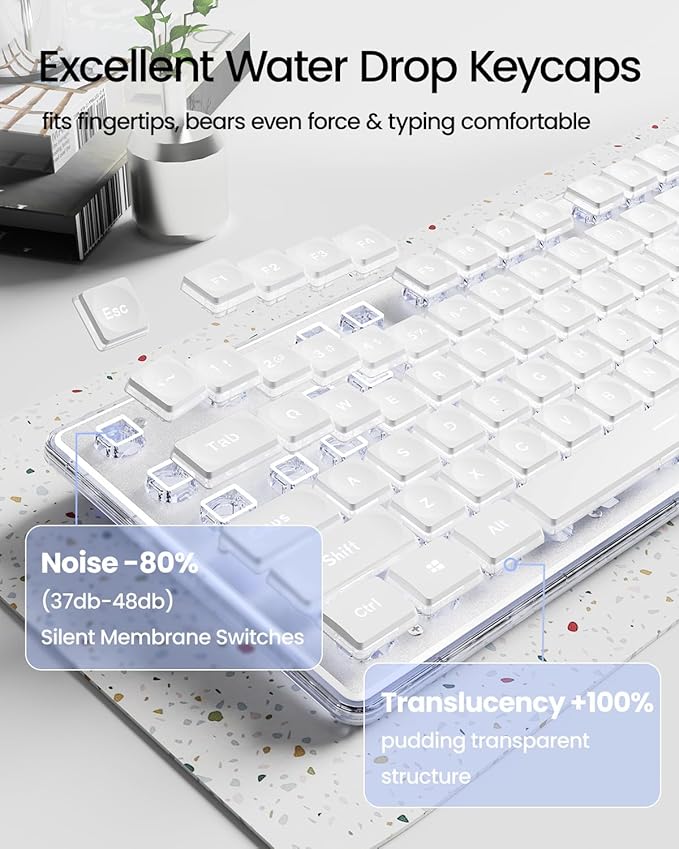 V3 Wireless Keyboard and Mouse with Single Backlit Metal Panel Bluetooth/2.4G Rechargeable Computer Keyboard and Mouse Combo Silent Lighted Full Size Cute Keyboards-White