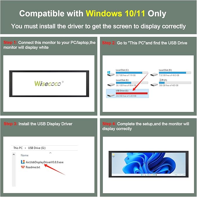 7.84 Inch Mini Monitor One-Cable Connection(No HDMI Needed) HD IPS 1280x400 Secondary Screen Stretched Bar LCD Display Aida64 CPU GPU Speed Temperature Monitoring for Windows 10/11 Only