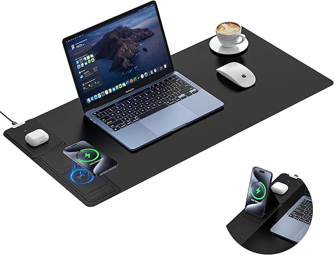 TopMade 4-in-1 Mouse Pad with 15W Wireless Charging Foldable Phone Holder 31.5 x 15.75 XXL Large Desk Pad Gaming Mousepad with Ultra-Smooth Surface Non-Slip Base Waterproof Desk Mat Black