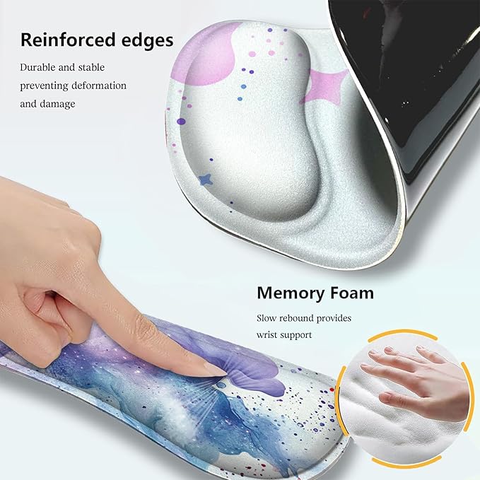 AQQA Colorful Star Large Mouse Pad Set Pink Desk Mat for Desktop Women Girls Purple Waterproof Desk PadMouse Wrist Rest+Coaster Ergonomic Design for Home Office Computer 31.5x15.7Inches