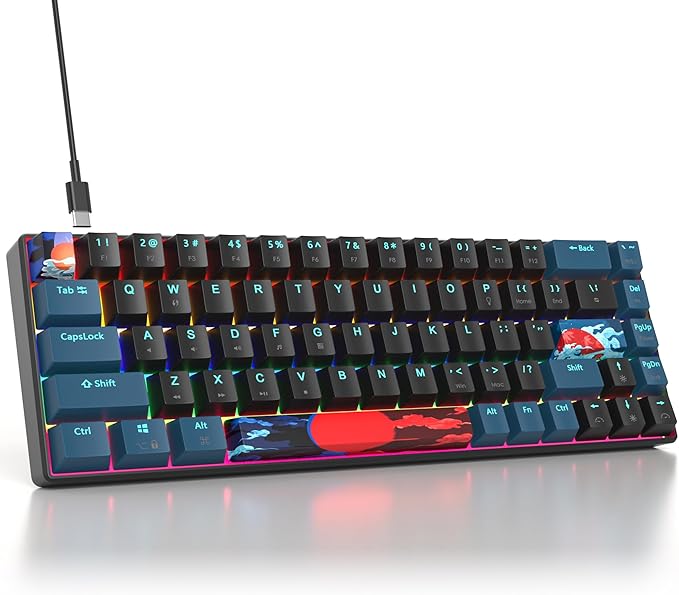 surmen 65% Mechanical Gaming Keyboard with Linear Red Switch Wired Mini Compact Keyboard 60 Percent Backlit for Laptop Desktop PC Gamers（68 Monster B-Rainbow）