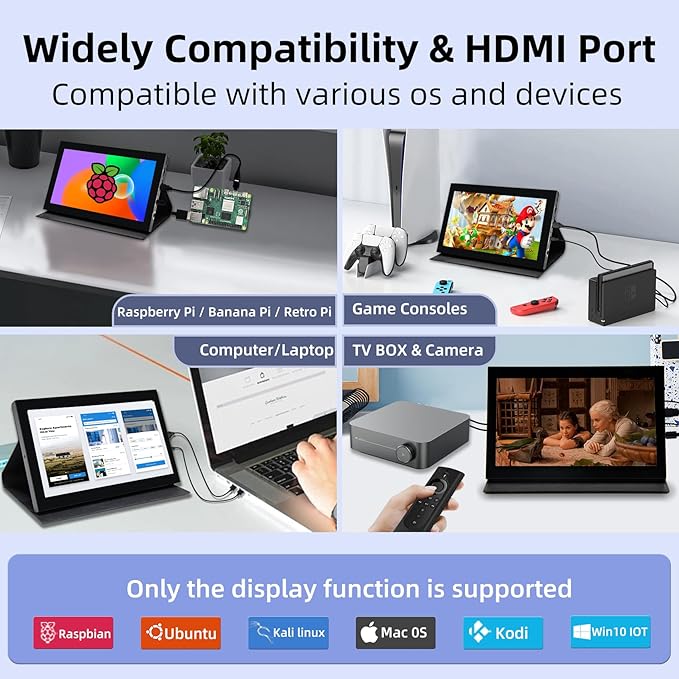 7 inch Portable Monitor 1024x600 HDMI Raspberry Pi Screen Dual-Speaker IPS LCD Display Mini Monitor for Laptop Xbox PS3 Raspberry Pi 5 4B 3B+