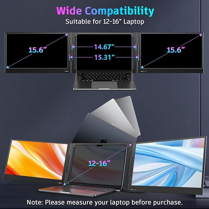 QQH Laptop Screen Extender 15.6 Triple Portable Monitor with Ultra-Slim FHD IPS Display One Cable USB-C Monitor Extender Compatible with MacOS Windows Android for 12-16 Laptop (Driver Need)