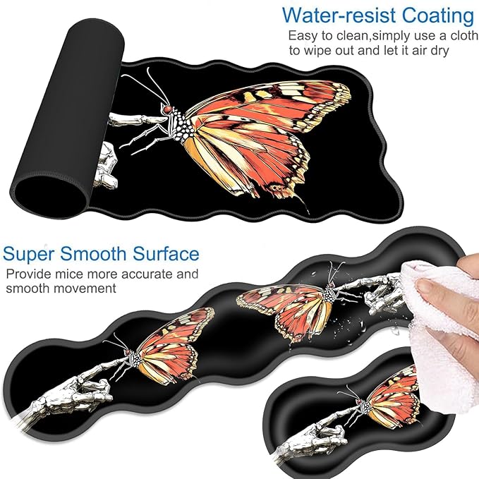 Desk Mat Mouse Pad with Wrist Rest 4-in-1 Large Mouse Pads for Desk Ergonomic Mouse Pad and Keyboard Wrist Rest Gaming Keyboard Mat for OfficeSkeleton Hand and Butterfly