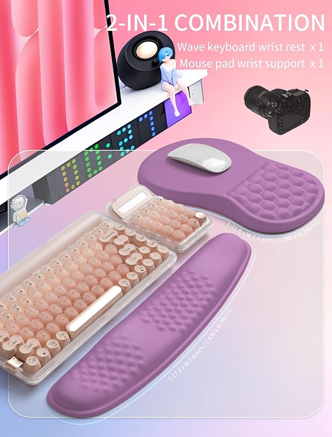 Hokafenle 2in1 Combination Wave Keyboard Wrist Rest and Ergonomic Curvature Mouse Pad Wrist Support for Relieve Wrist Pain Filled with Soft Cushion Memory Foam Purple Lilac
