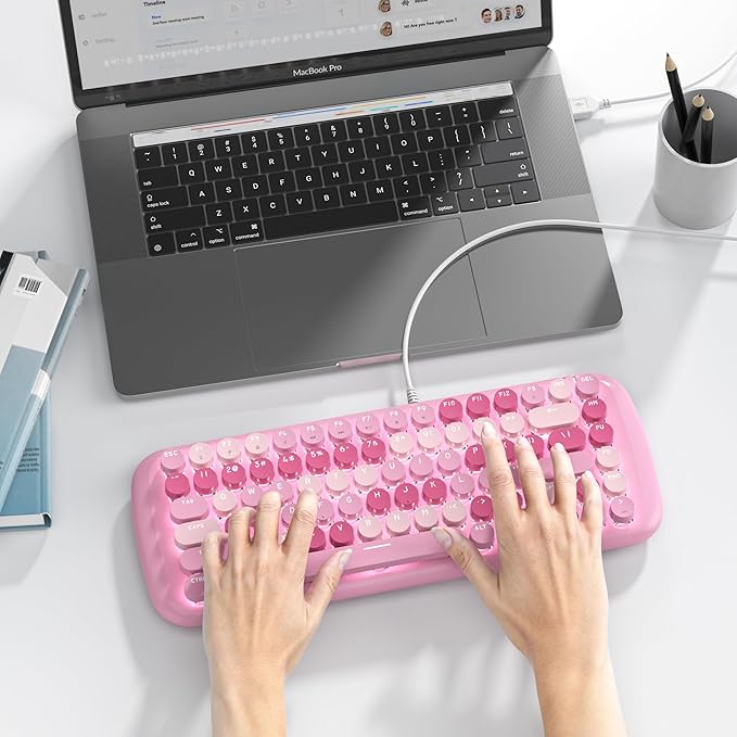 Pink Creamy Mechanical Gaming Keyboard Aesthetic w/White Backlit 84 Keys Cute Retro Typewriter Computer Keyboard Wired Round Keycaps for Windows/PC/PS5