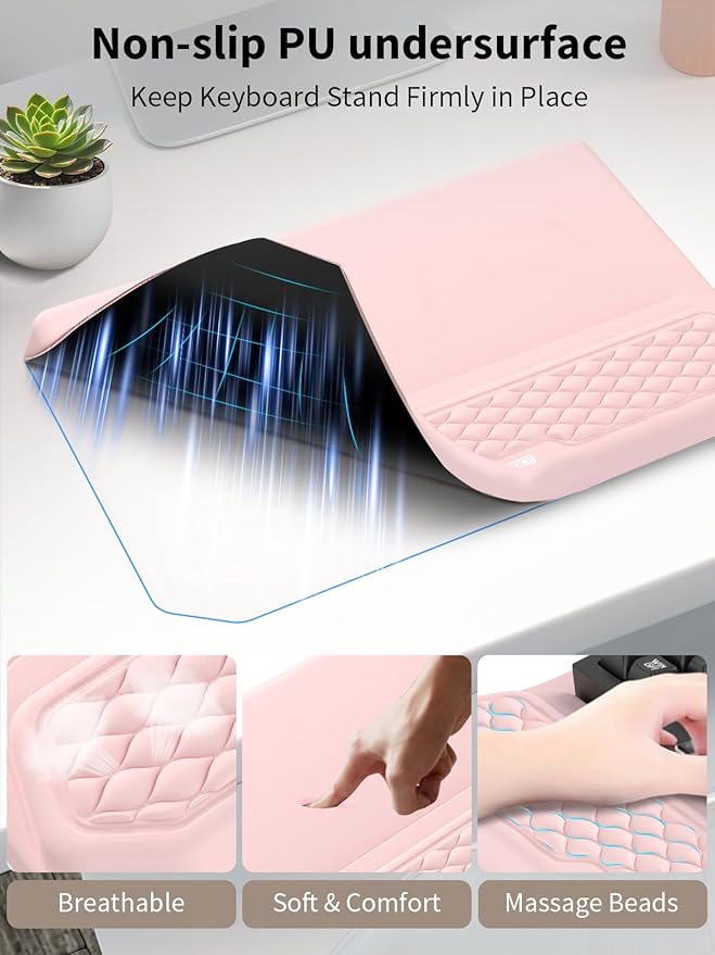 3-in-1 Ergonomic Keyboard Stand with Wrist Rest &amp Mouse Pad Set Comfy Keyboard Riser Holder Soft Mousepad with Massage Design Memory Foam and Non-Slip PU Base for Pain Relief Pink