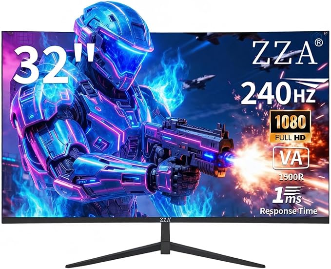 ZZA 32 Inch Curved Gaming Monitor 240Hz Curved Monitor Computer Monitor-HDMI DP USB Headphone Ports1080p 1K FHD Ultra Slim Curved Screen with Wide AngleHigh Refresh Rate Immersive PC Gaming