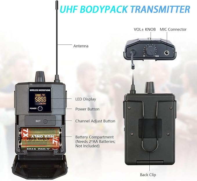 Pro Wireless Microphone System 4 Channel UHF Metal Cordless Handheld Headset Lavalier Lapel Mics for Church Karaoke Singing 4x50 Adjustable Frequency(G8 Battery 2 Handheld 2 Bodypack)