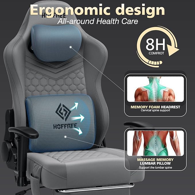HOFFREE Gaming Chair Suede Fabric with Pocket Spring Cushion Massage Gaming Chairs with Footrest 350LBS Computer Office Chair for Adults Ergonomic Computer Chair with Lumbar Support Grey