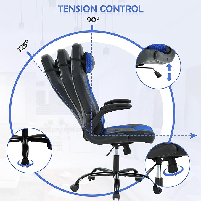 Computer Gaming Chair Video Game Chair for Adults Ergonomic PU Leather Gaming Office Chair Adjustable Armrest PC Gamer Chair Blue