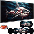 Large Gaming Table Pad 31.5 x 11.8 + Keyboard Wrist Pad + Mouse Wrist Pad + Coaster Non-Slip Base 4-in-1 Set Ergonomic Memory Foam Easy Typing Pain Relief American Flag Shark