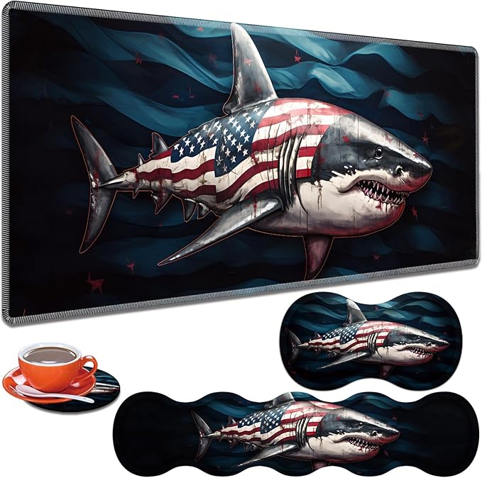 Large Gaming Table Pad 31.5 x 11.8 + Keyboard Wrist Pad + Mouse Wrist Pad + Coaster Non-Slip Base 4-in-1 Set Ergonomic Memory Foam Easy Typing Pain Relief American Flag Shark
