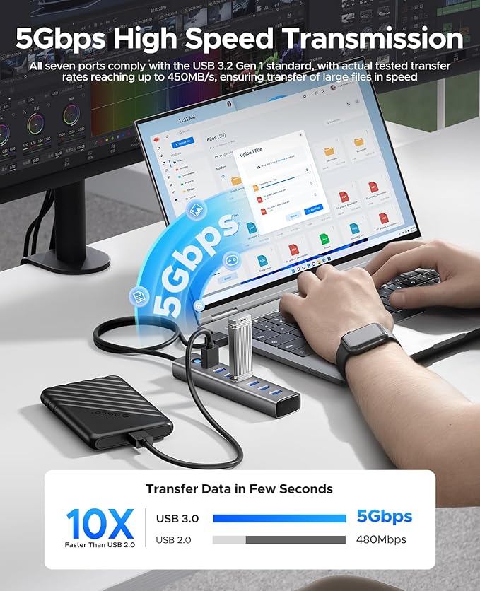 ORICO Aluminum 7-Port USB Hub + 256 GB UFSD USB C Flash Drive