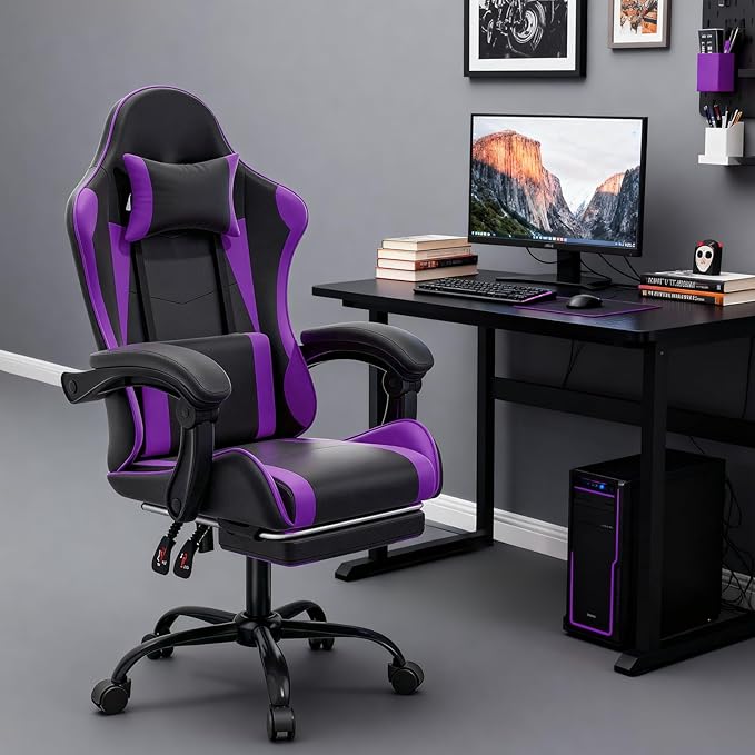 MoNiBloom Gaming Chair Office Chair Leather High Back Computer Chair with Headrest and Lumbar Support 360° Swivel Ergonomic Footrest Adjustable Gamer Chair for Adult Teen Home Office Using Purple