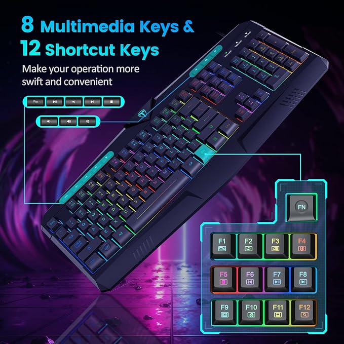 Gaming Keyboard Full Size RGB Backlit Quiet Computer Keyboard Wrist Rest Silent Keys Multimedia Keys Anti-ghosting Waterproof Light Up USB Wired Keyboard for PC Mac Xbox Gamer Office