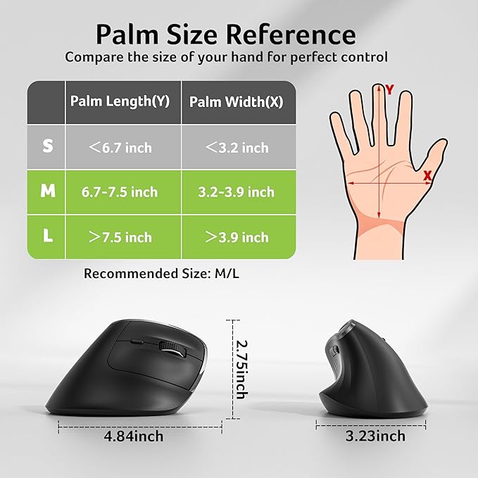 acer Ergonomic Mouse Wireless Vertical Computer Mouse for Office Ergo Mice Rechargeable for Medium to Large Sized Hands 2.4GHz USB Receiver 800/1200/1600 DPI 6 Buttons for Laptop PC and Desktop