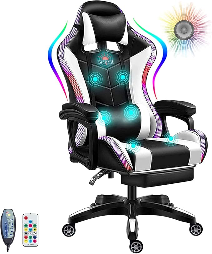Gaming Chair with Footrest Racing Video Game Chair with Speakers and LED Lights High Back Computer Chairs 7-Point Massage PU Leather Ergonomic Office Gamer Chair Headrest Lumbar SupportWhite