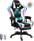 Gaming Chair with Footrest Racing Video Game Chair with Speakers and LED Lights High Back Computer Chairs 7-Point Massage PU Leather Ergonomic Office Gamer Chair Headrest Lumbar SupportWhite