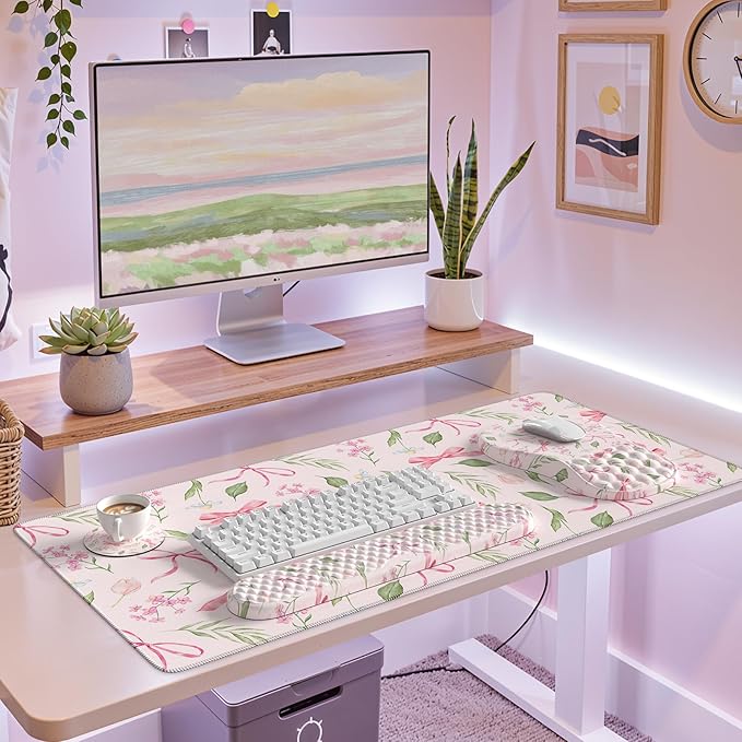 Keyboard Wrist Rest and Mouse pad SetBow Desk Cover matPink Mouse pad with Wrist Rest with Coaster for OfficeNon Slip mat for Women Must Stuff Accessories