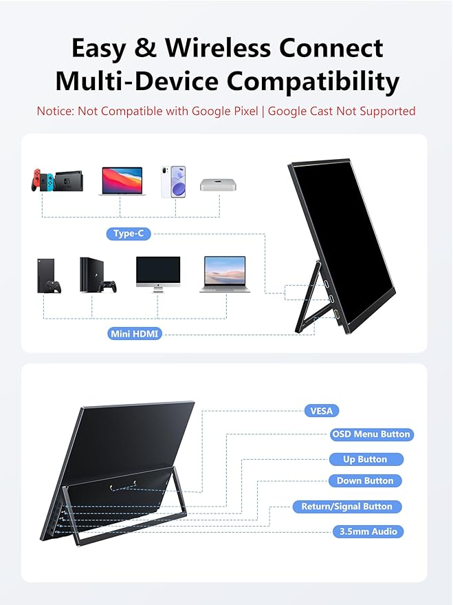 Wireless Portable Monitor with Battery Wireless Monitor for Laptop-15.6 1080P FHD Travel Monitor for Laptop Support AirPlay Miracast for Windows/Mac/Android/iOS