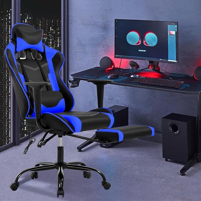 Gaming Chair with Footrest Massage Lumbar Support Ergonomic Racing Office Chair 360 Swivel PC Computer Desk Chair Adjustable Headrest and Arms Blue