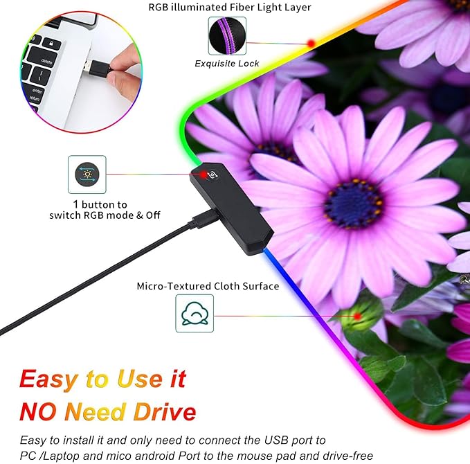 Customized RGB Gaming Mouse Pad and Coffee CoasterLarge Glowing Led Anti-Slip Rubber Base Computer Keyboard Desk Mouse Mat 31.4x11.8 InchAfrican Daisy