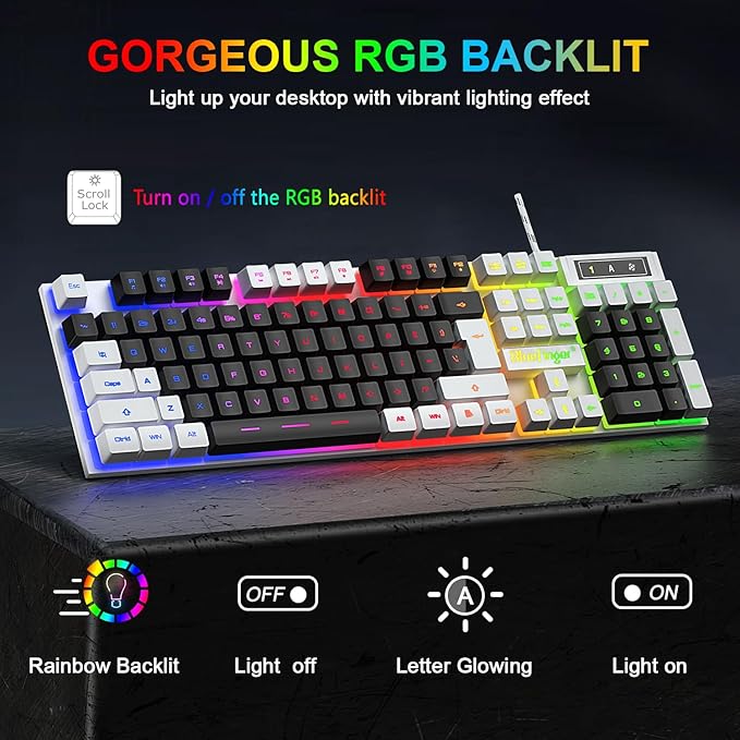 BlueFinger RGB Gaming Keyboard and Backlit Mouse Combo USB Wired LED Gaming Set for Laptop PC Computer Game and Work (White &amp Black)