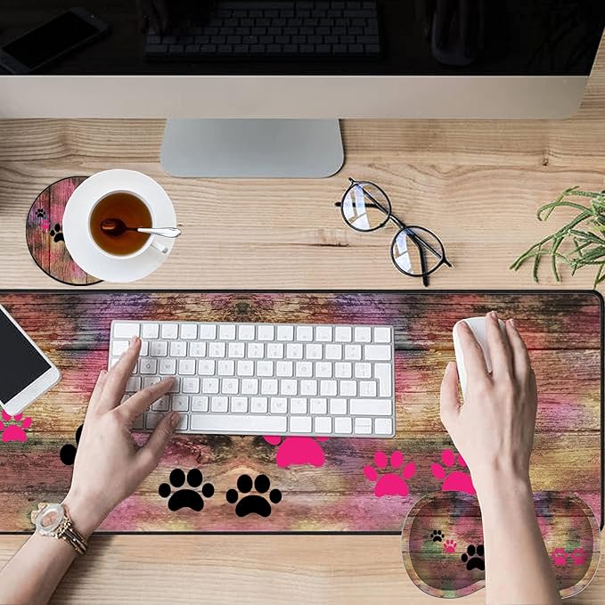 Large Game Mouse Pad + Wrist Support Pad + Coffee Coaster Rustic Rainbow Woodgrain Dog Paw Foldable Table Mat with Stitched Edge Non-Slip Set Pad Suitable for Office Work and Home