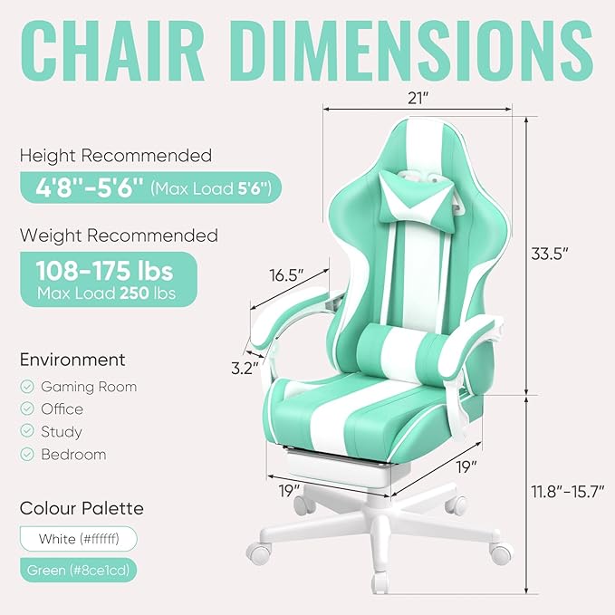 Ferghana Gaming Chairs Ergonomic Racing Style PC Game Computer Chair with Headrest Lumbar Support Adjustable Recliner PU Leather Video Computer Chair(Light Green)