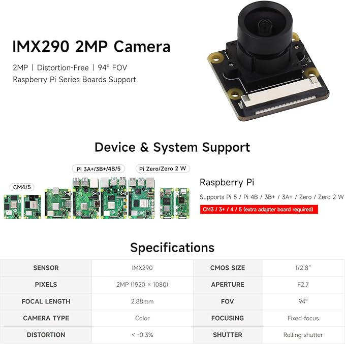 Waveshare IMX290 2MP Camera Module (A) IMX290 Sensor chip Better Sensitivity in Low-Light Condition Distortion-Free Compatible with Raspberry Pi Series Boards