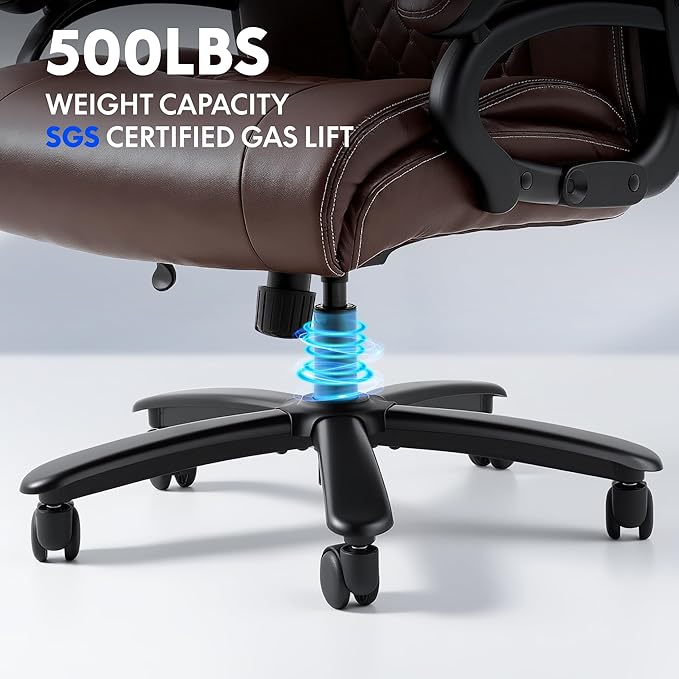 FLEXISPOT 500lbs Big and Tall Office Chair for Heavy People Heavy Duty Computer Chair with Stable Arms Adjustable Lumbar Support Metal Base Desk Chairs for Home Office Gaming Working Leather Brown