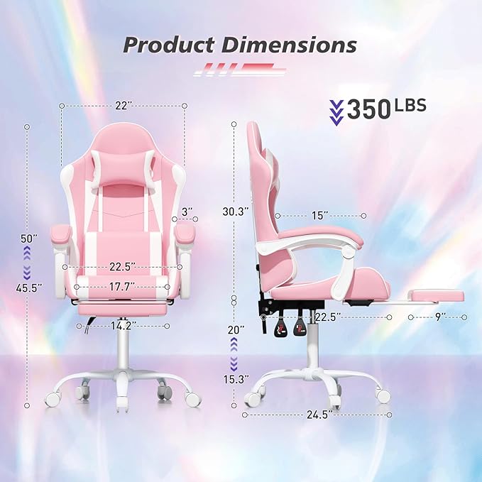 Magshion Gaming Chair for Adults Ergonomic Computer Chair with Linkage Armrests Height Adjustable Gamer Chair with Footrest and Headrest for Home Office 350 Lbs Capacity Pink/White