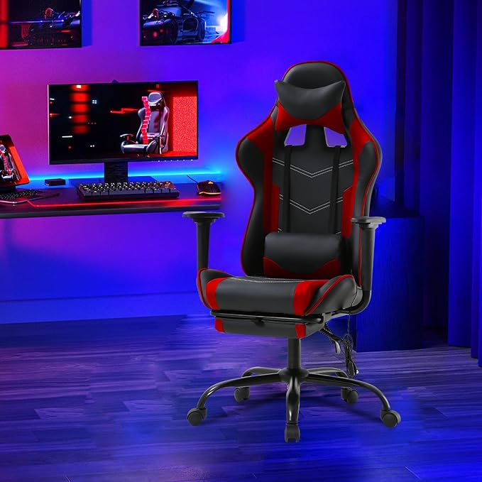 PayLessHere Racing Gaming Chair Office Massage Chair Ergonomic Recliner with Computer Desk PU Leather Lumbar Support Footrest Rolling Swivel and Task Function Ultimate Comfort for Adults (Red)