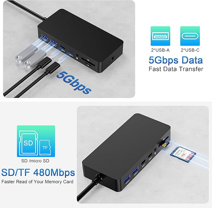 Surface Dock 12-in-1 Triple Displays VGA +Dual HDMI Surface Pro Dock Surface Docking Station for Surface Pro 11/10/9/8/X/7/6/5/4/3 Surface Book Surface Go Surface Laptop Dock