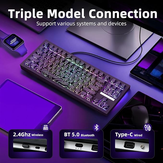 ZORNHER ZH870 Wireless Gaming Mechanical Keyboard80% Black Custom Creamy Sound Keyboard with Lighted Up Black Topographic KeycapsCreamy Sounding Linear SwitchesHot-SwappableRGB Backlit