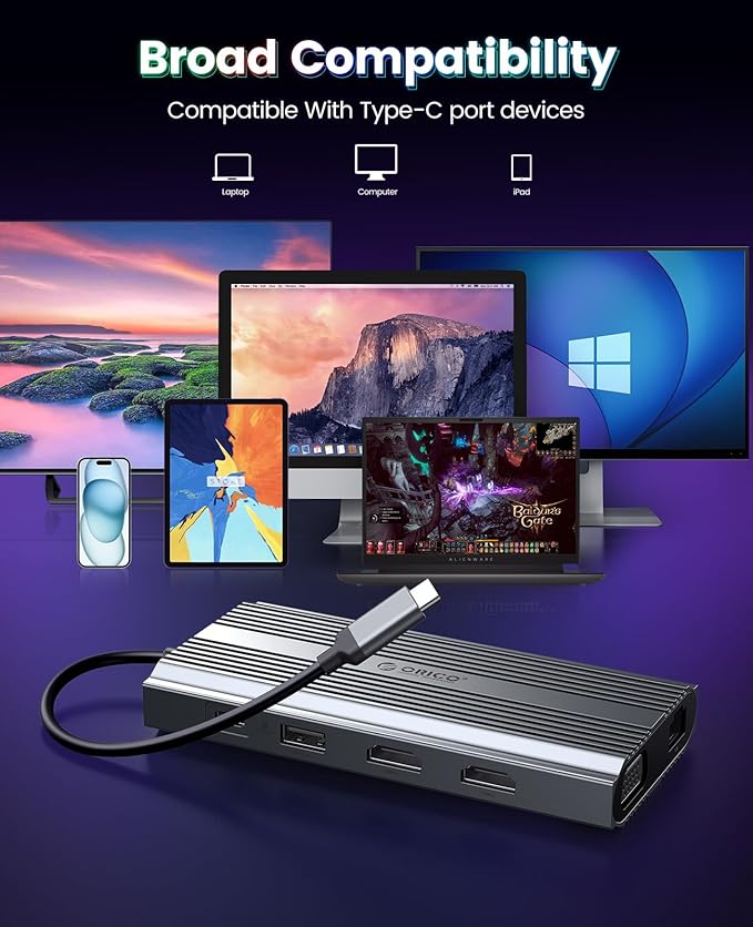 Docking Station USB C to Dual HDMI Adapter ORICO 12 in 1 USB C Hub with Dual HDMI VGA 100W PD Ethernet 2 USB-A 3.1 1 USB 2.0 1 Type-C 3.1 SD/TF Audio Compatible for Windows/Mac OS（Grey）