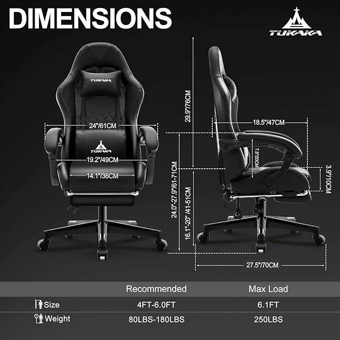 Gaming ChairErgonomic Massage Computer Office Desk Chair with FootrestPocket Spring CushionReclining Leather Adjustable Gamer Chair with Headrest and Lumbar SupportBlack