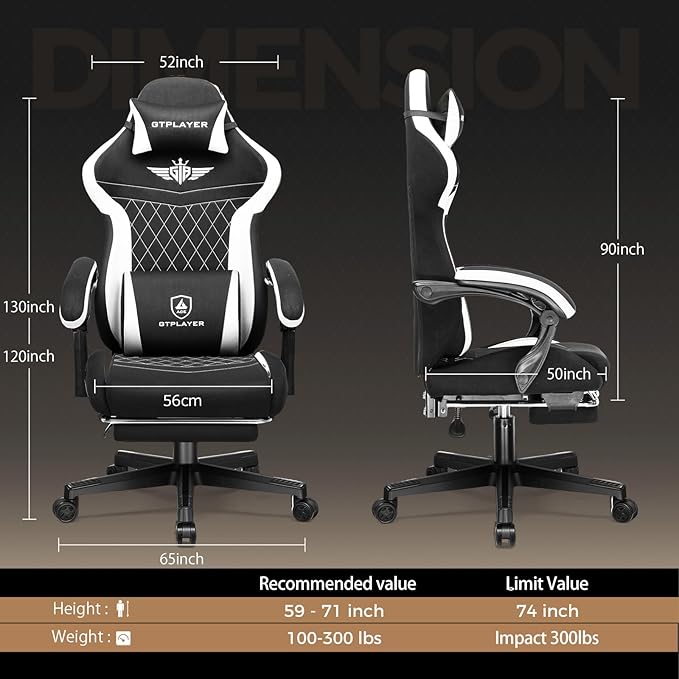 GTPLAYER Gaming Chair with Footrest Big and Tall Game Chair High Back Computer Office Chair with Lumbar Support for Adults Ergonomic Swivel Games Chair with Cushion Gaming Fabric Black
