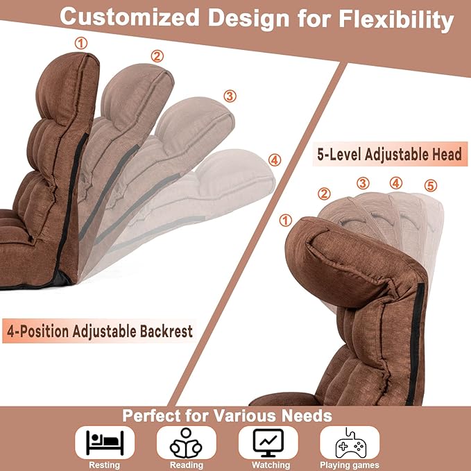 COSTWAY Folding Floor Lounge Chair Floor Gaming Chair with 5-Position Adjustable Head &amp 4-Position Adjustable Backrest Indoor Lazy Sofa Recliner for Bedroom Living Room (Brown)