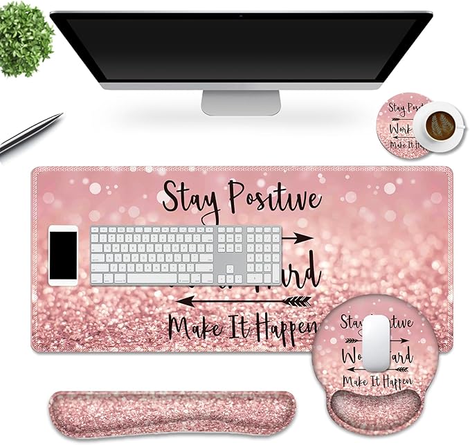 DINKY Large Gaming Mouse Mat and Mouse Pad Wrist Keyboard Wrist Rest Set Anti-Slip Base Mousepad + Coaster 35.4 x 15.80-inch Ergonomic Wrist Support for Home Working Gaming-PinkQuote