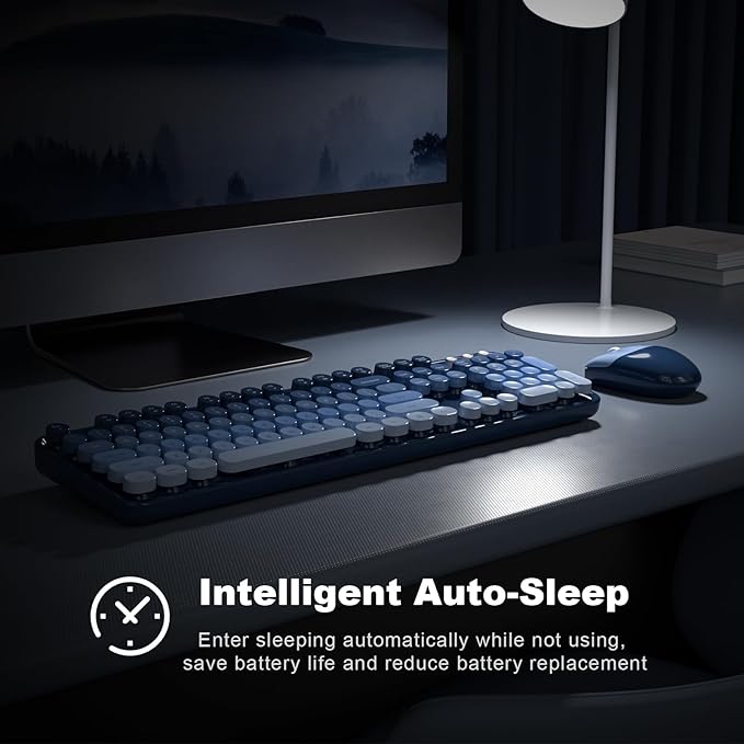 Wireless Keyboard and Mouse Combo MOWUX Full Size Typewriter Retro Round Computer Keyboard Cute Optical Mouse Wireless Plug and Play for Laptop PC Computer- Sea Blue Gradient