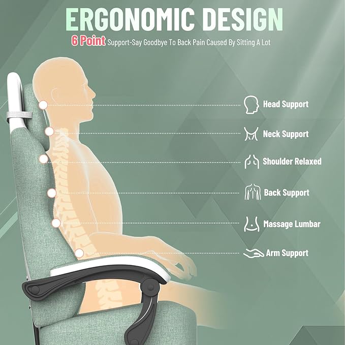 Ferghana Cotton Fabric Gaming Chair with Wider Seat Cushion Diamond Double-Stitching Ergonomic High Back Game Chair with Footrest Computer Chair with Massage Lumbar Support for Adult Green/White